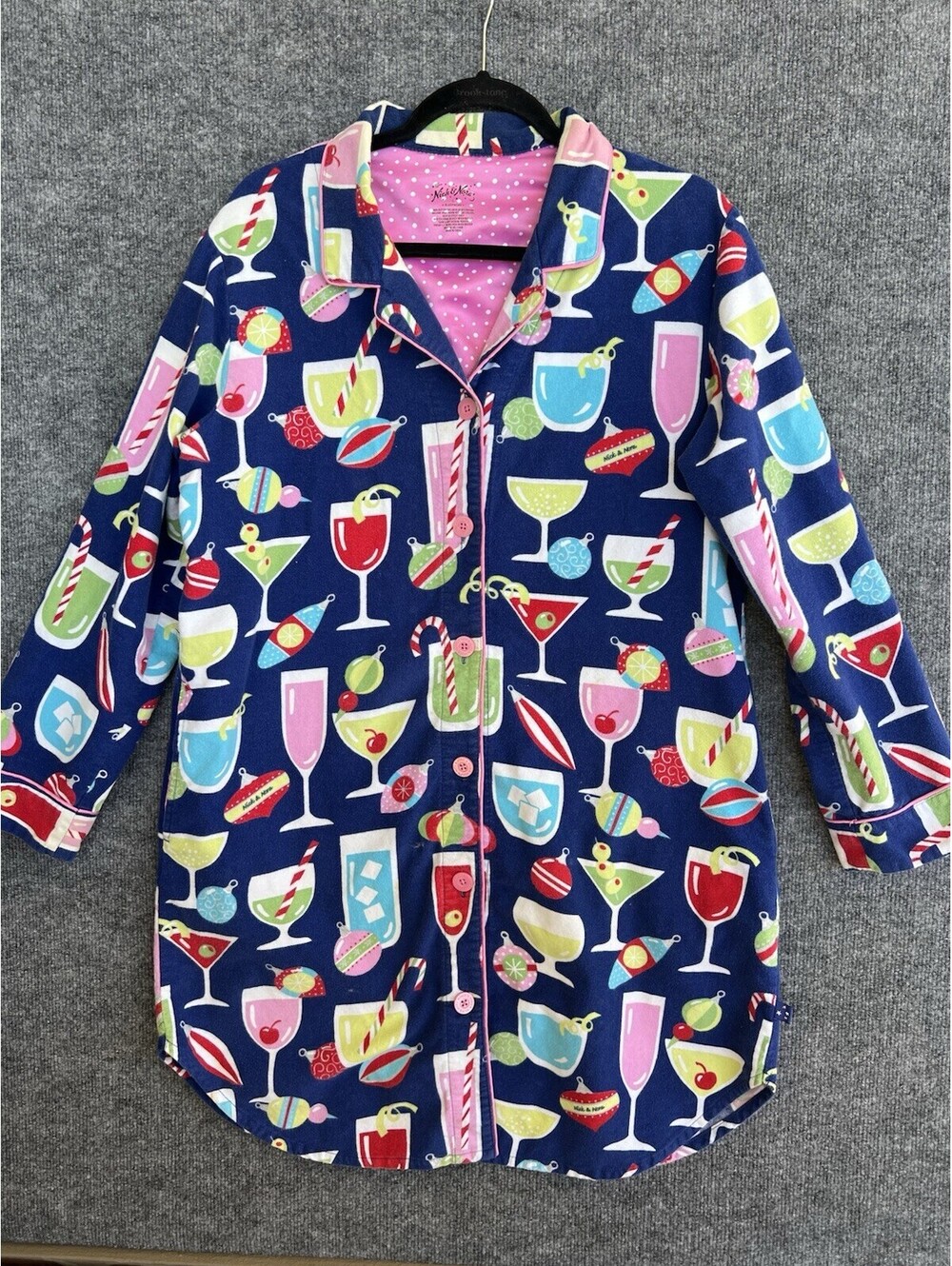 Nick & Nora Holiday Cheer Christmas Cocktails Nightshirt Sleep Shirt M Flannel.